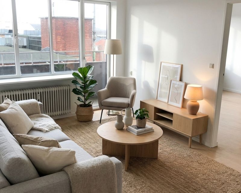 Rummelig stue med naturligt lysindfald og adgang til altan i Randers C 