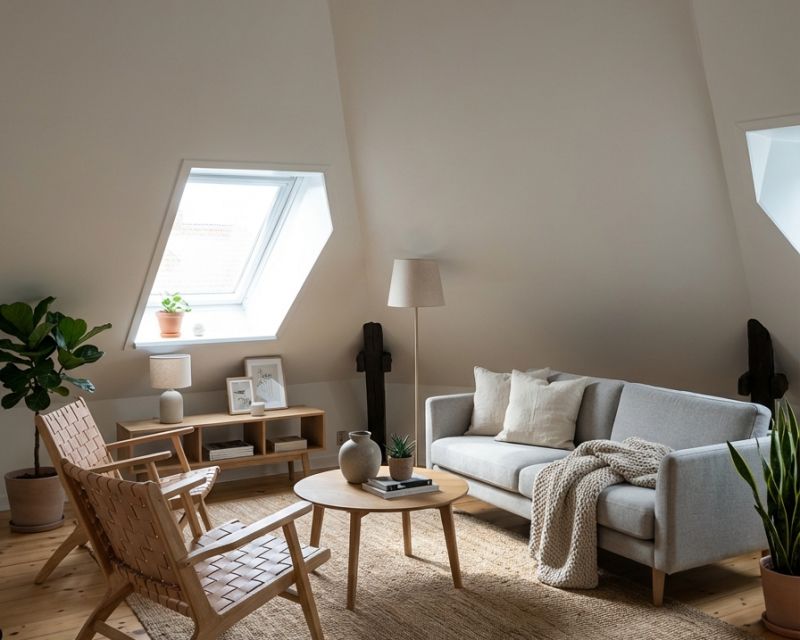 Stue med synlige bjælker i lejlighed til leje i Randers