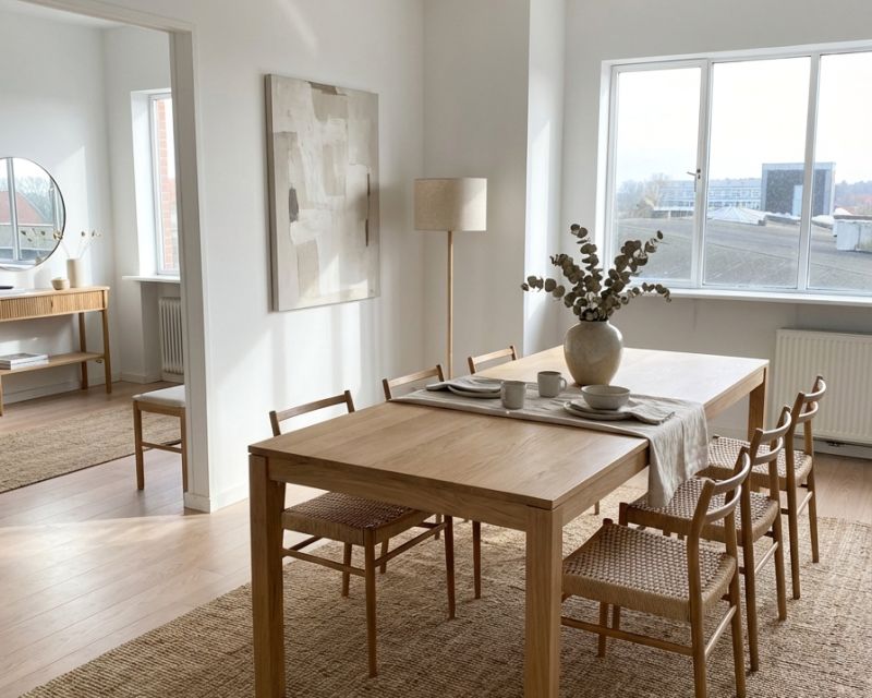 Lys stue med plads til sofa og spiseomr&aring;de i randers